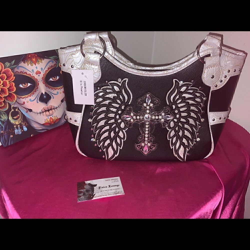 Rhinestone Cross Embroidered Carry Handbag In Pewter